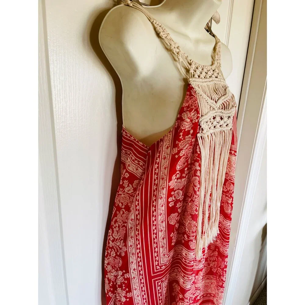 ZARA Boho Floral-Patch Maxi Dress with Crochet Neck and Fringe XS/S - Picture 10 of 16